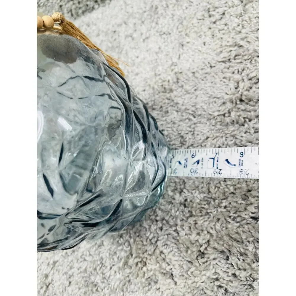 Blue Art Glass Bottle Vase With Round Wooden Beaded Tassel Garland 11